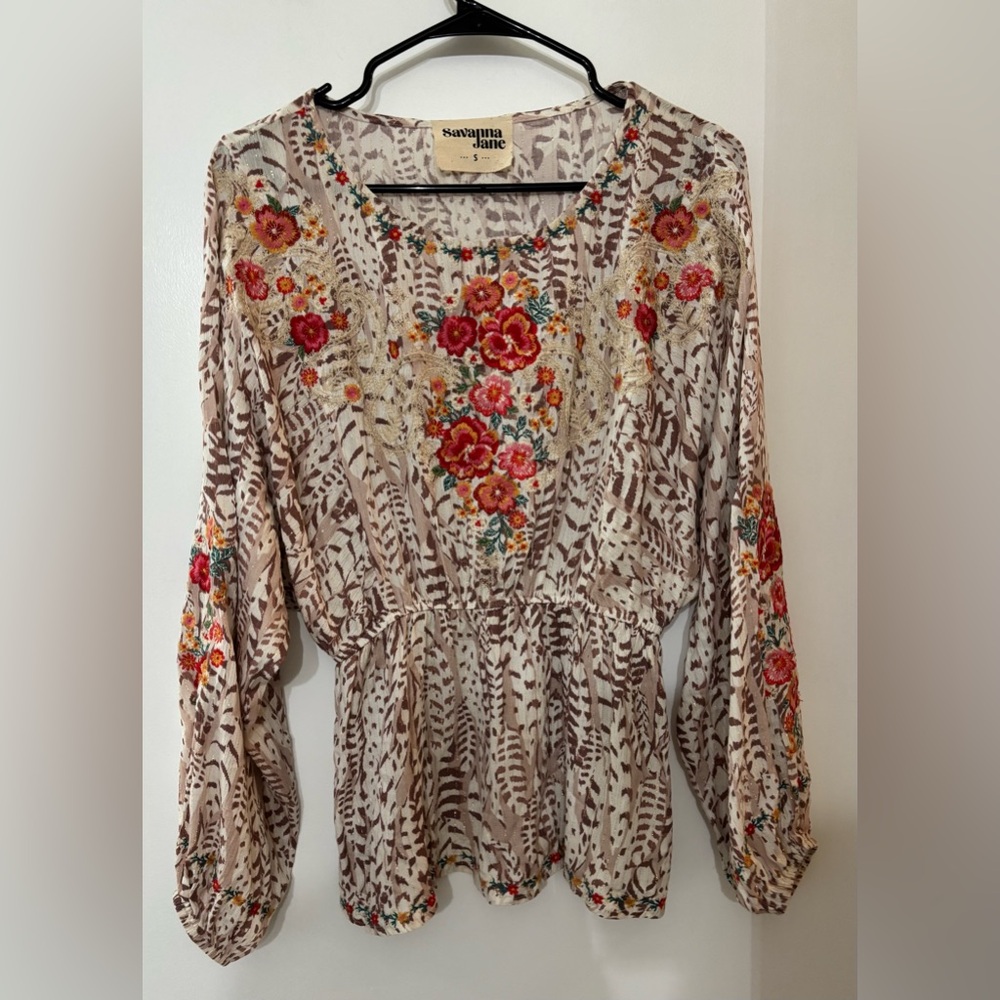 Savanna Jane Long Sleeve Embroidered Floral Boho Peasant Blouse Size Small